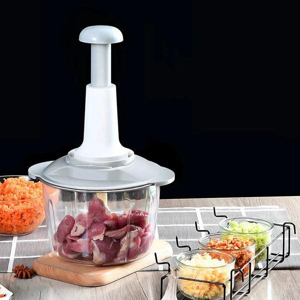 Hand Press Food Chopper – Easy Spice Grinding, Fruits & Vegetables Cutter | 4 Sharp Stainless Steel Blades,, Anti-Slip Base